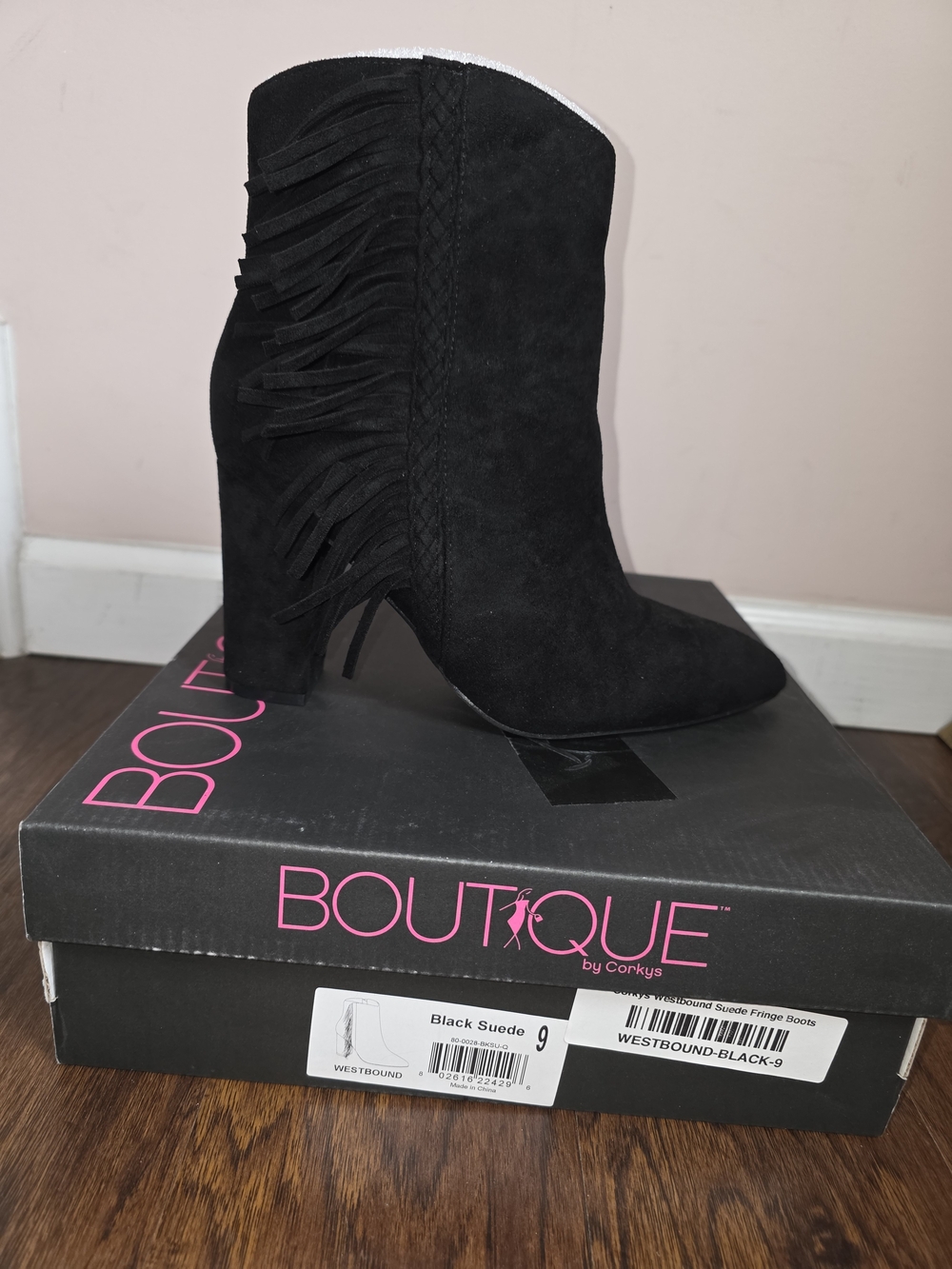 Corkys Black Suede Fringe High Heel Ankle Boots